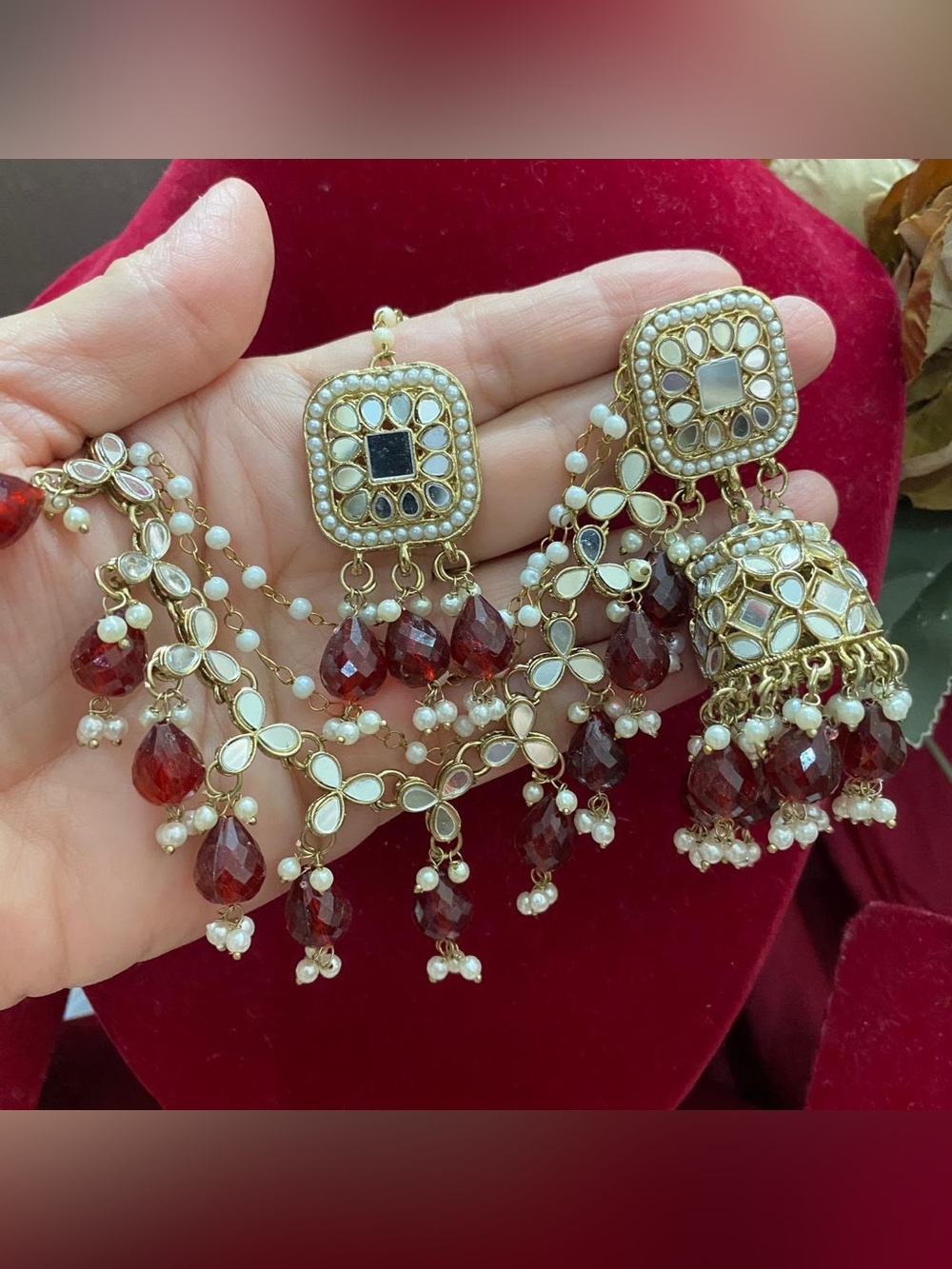 Gold-Tone Pearl & Garnet Red Kundan Jhumka Earrings - Women Jewelry